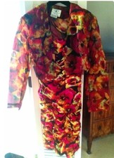 Vtg 80s Flora Kung 100 Silk bright Floral bodycon dress jacket Fuchsia yellow 6
