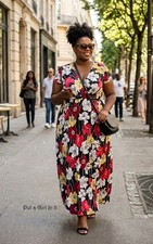 USA New Womens PLUS SIZE FEMININE BLACK FLORAL WRAP LOOK BOHO MAXI DRESS 1X