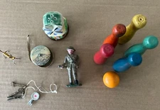 Lot of Misc Vintage - Bowling, Lead Solider, Measuring Tape, Tools, Wire Toys