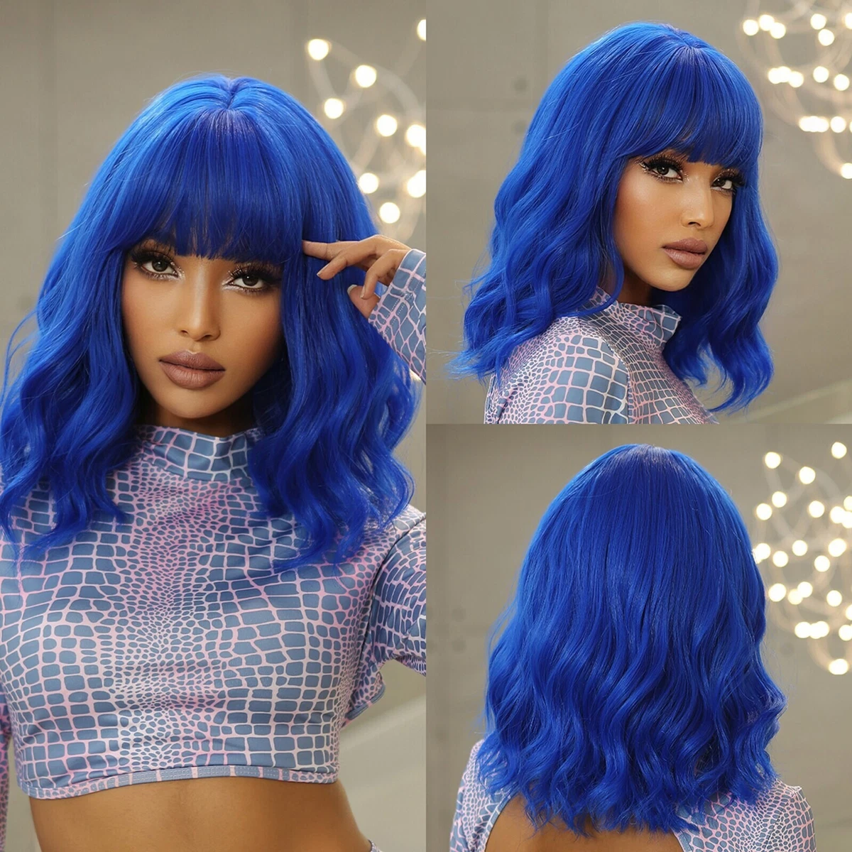 Short Blue Curly Hair Wigs with Bangs for Women Party Performance