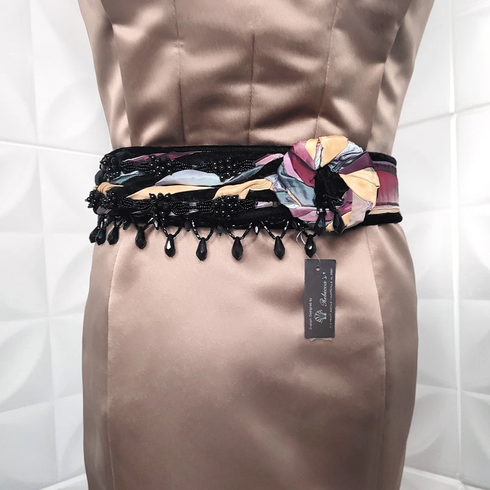 Cinto de contas glam vintage anos 80-90 Rebecca com nós roxo preto ajusta 20-37" - Imagem 4 de 4