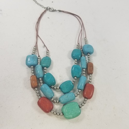 Faux Turquoise Multi Strand Cord Tribal Native American Necklace Silver Tone