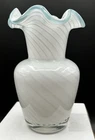 Fenton-Style Cased White Swirl Glass and Aqua Ruffled Vase