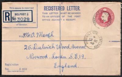 61/2D GVI REGISTERED LETTER DONEGALL ST BELFAST 1949 8 REGISTERED LABEL ...