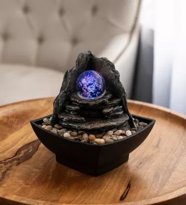 Pure Garden Rock Formation Tabletop Water Fountain LED Light Rolling Glass Spher