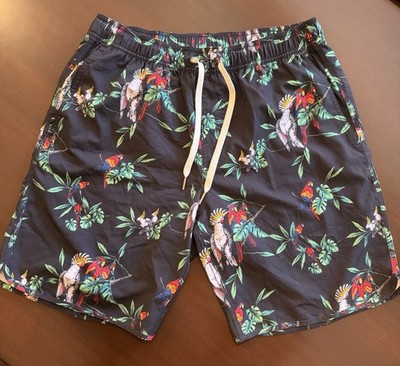 Fair Harbor Swim Shorts Mens Medium Black Parrot Tropical Board Trunks Lined