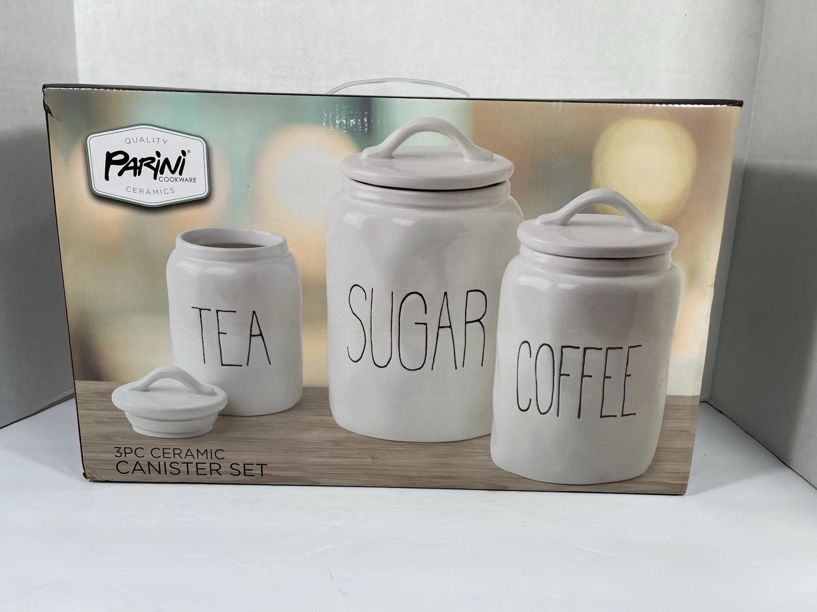 Parini Cookware 3 Piece Ceramic Canister set. Tea, Sugar and Coffee NIB