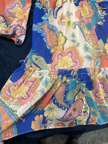 Boston Proper Womens Puff Sleeve Dress Size XL Blue Pink Paisley Floral Ruffles - Picture 2 of 13