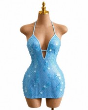 Blue Sequin Backless Halter Mini Dress Bodycon Party Club Size M