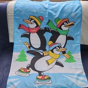 Christmas Holiday House Flag Skating Penguins Banner 28x40"