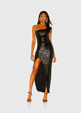 Nookie Black Sequin One Shoulder Maxi Dress Side Slit Zip Size S