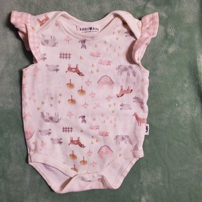 Rabbit Bear Emily Oliver 6-9M Pink Farm Animal Flutter Sleeve Bodysuit
