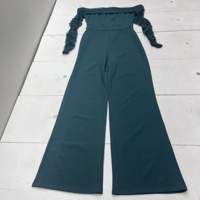 Express Jumpsuit Womens Medium Green Off Shoulder Mesh Sleeve Wide Leg Party