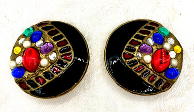 Vintage 80's Modernist Big & Bold La Rage Jeweled and Enameled Clip Earrings