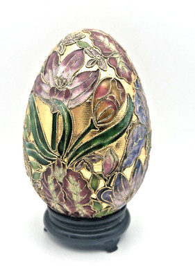 Vintage Hand painted Cloisonné Egg With A Wooden Stand Floral Design 5  Easter