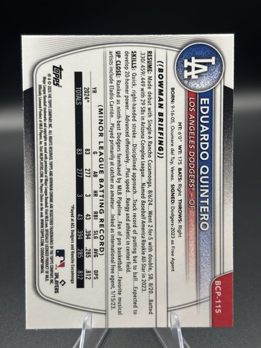 Eduardo Quintero 1st Bowman Chrome Prospects BCP-115 Dodgers 2025 - Imagen 2 de 2