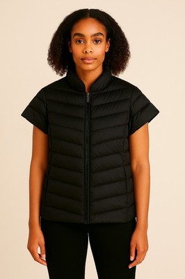 Martha Stewart Black Quilted Down Puffer Jacket Full Zip Short Sleeve Women's M