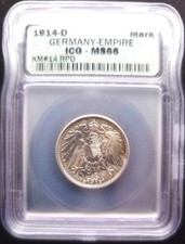 1914-D Germany 1 Mark 90% Silver Coin ICG MS-66; Crazy Toning!!! German Empire