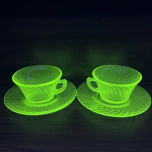 4pcs - Lot Anchor Hocking Spiral Vaseline Uranium Cup & Saucer - $27.98 Shipped