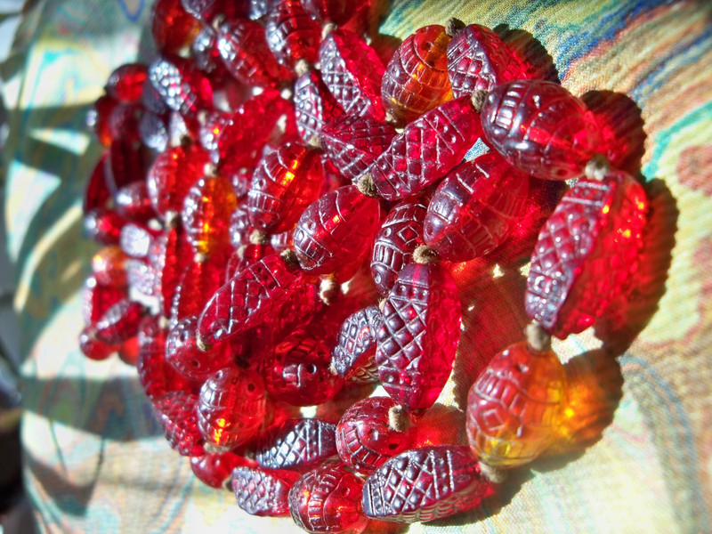 ANTIQUE NECKLACE 56" NEIGER egyptian revival scarab ruby red yellow GLASS BEAD