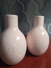 Ceramic Bud Vases Set Of 2 Pink with blue specks.
