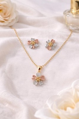18K Gold Plated Tri-Color Flower Jewelry Set Necklace & Stud Earrings for her