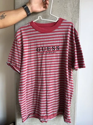 Vintage Guess Originals RED/GRAY Stripe Vintage T Shirt LARGE - Image 1 of 4