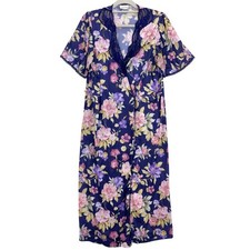 Vintage Lorraine Blue Floral Lace Trim Robe Medium 70s Sleeve Pocket