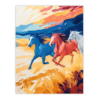 Wildpferde laufen Wüste Landschaft Ölgemälde Wandbild Poster Druck