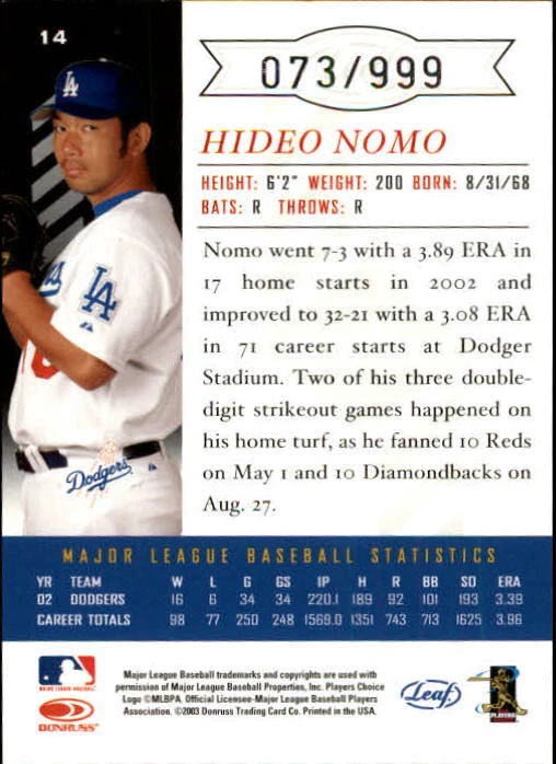 2003 Leaf Limited #14 H.Nomo Dodgers/999 - NM-MT - Image 2 of 2