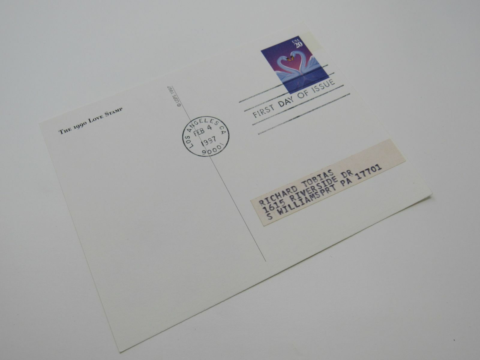 USPS Scott UX279 20c Love Swans First Day of Issue Postal Card