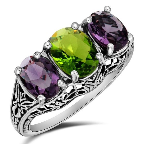 2CT Natural Amethyst & Peridot 925 Solid Sterling Silver Filigree Ring Sz 7 XB3