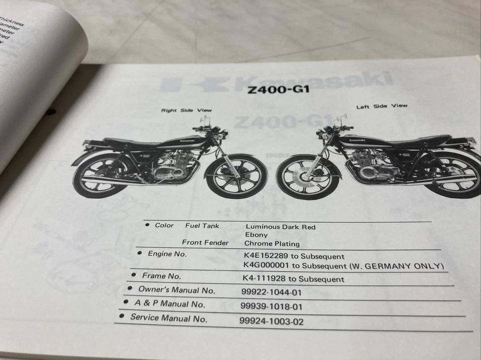 Kawasaki Z400 G1 Custom Z KZ 400 Catalogo Pezzi Di Ricambio Elenco Parti 400G - Immagine 2 di 4