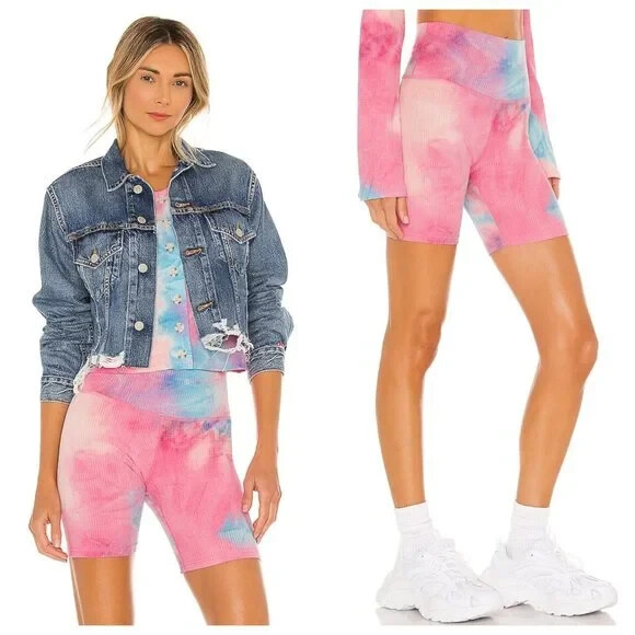 Beach Riot x Revolve Tie Dye Pink Blue Ribbed Bike Shorts $78 Small