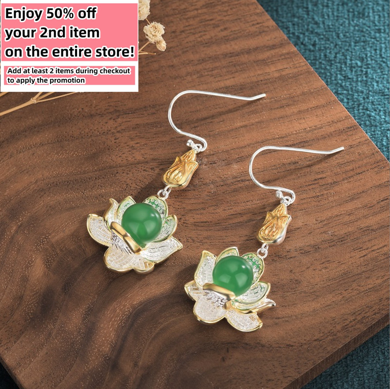 Jade Drop Dangle Earrings Lotus Flower Gemstone Boho 18k White Gold Plated - Product main view