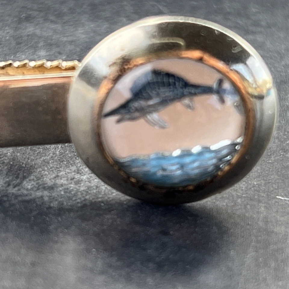 Vintage Signed PIONEER Tie Clip Reverse painter Marlin Gold Tone - Image 2 of 4