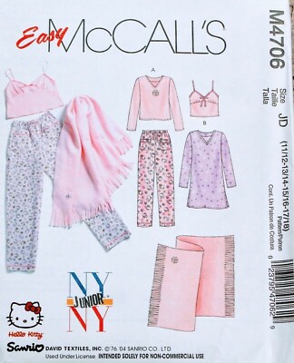 McCall's 4706 Junior Nightgown & Pajamas Sewing Pattern 11/12-13/14-15/16-17/18