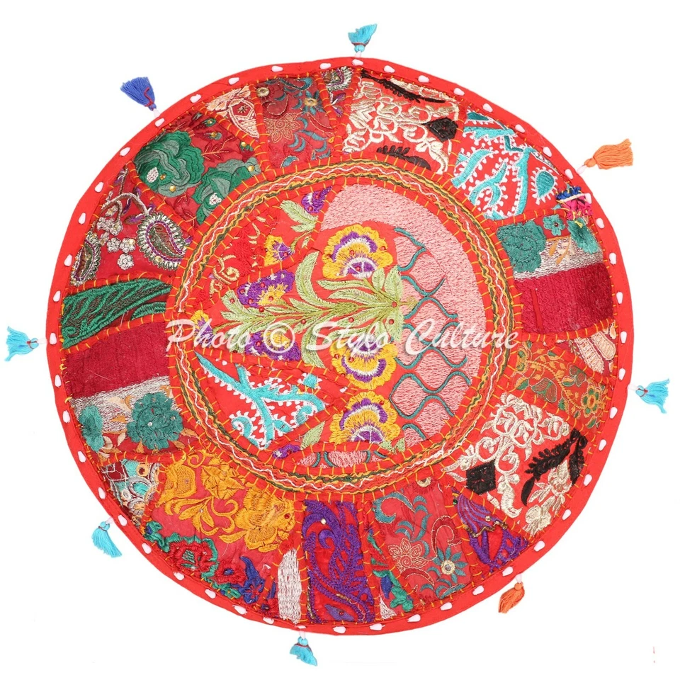 Capa pufe redonda boêmia patchwork bordada Hassock étnica otomana 22" - Imagem 3 de 3