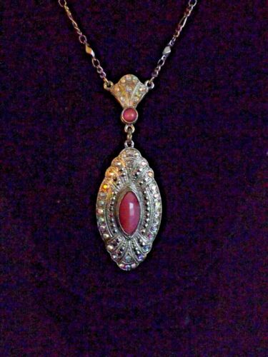 Oval silver tone pendant with pink stone 41421 # … - image 1