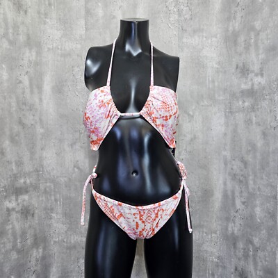 Go CoCo Womens M Pink White Orange String Bikini Swimwear Swim Bathing Suit