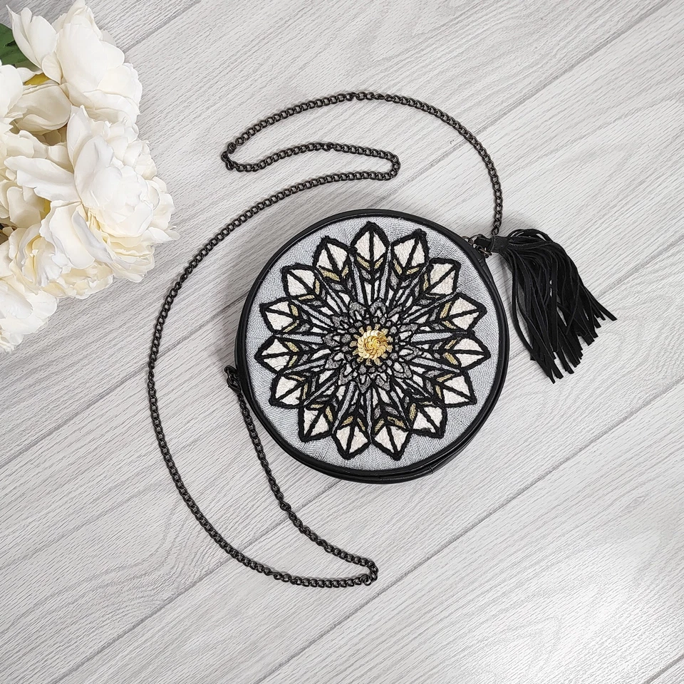 Cartera Bandolera de Cuero Jasper Jeera Borla Anthropologie Redonda Mandala Boho 9" Foto 2 de 4