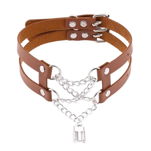 Double Belt Punk Choker with Cross Chain Lock Pendant Gothic Collar - Picture 14 of 37