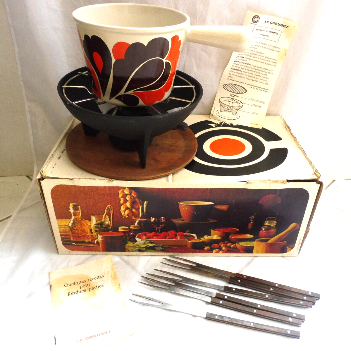 LE CREUSET SERVICE FONDUE BOURGUIGNONNE PAON BOITE TOUT EMAIL FOURCHETTES LIVRE