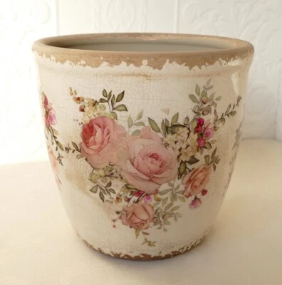 runder Blumentopf Pflanztopf Pflanzschale Rosenmotiv romantisch Craquelé 14cm - Bild 1 von 3