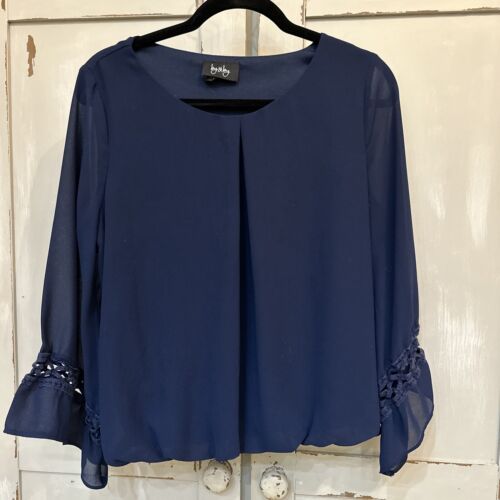 by & by Damen dunkelblauer Chiffon Pullover Bluse mit Glockenärmeln Bandbesatz Gr. L