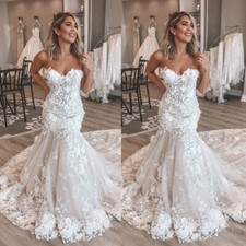 Mermaid Strapless Wedding Dresses with Court Train Lace Appliques Bridal Gowns