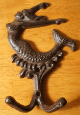 Mermaid Double Hook Sign Hanger Nautical Beach Home Rustic Cast Iron Decor New