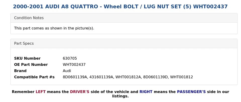 AUDI A8 QUATTRO 2000-2001 - Juego de pernos / tuercas de rueda (5) wht002437 Foto 3 de 3