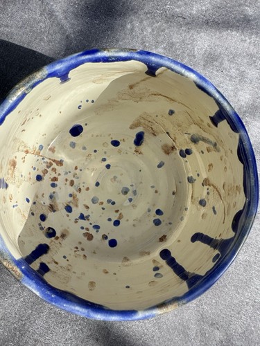 Handmade Pottery Bowl 6 Inch Signed Artisan Drip Glaze Blue Brown Cream - Picture 5 of 10