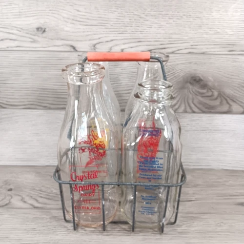 Vintage Metal Basket  Milk Carrier With Glass Dairy Bottles Holds 4 Quarts